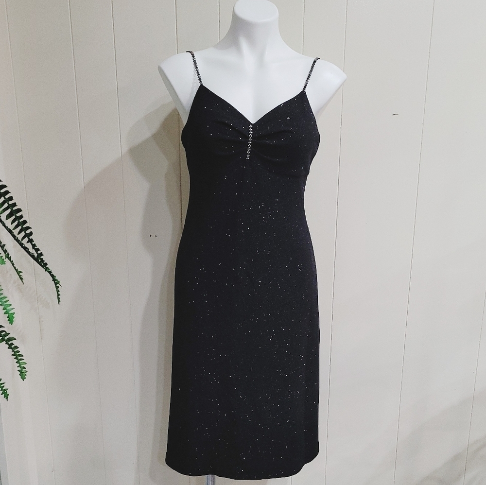 DUSK Black Crystal Beaded Party Dress Spaghetti Straps Little Black Dress SZ 8